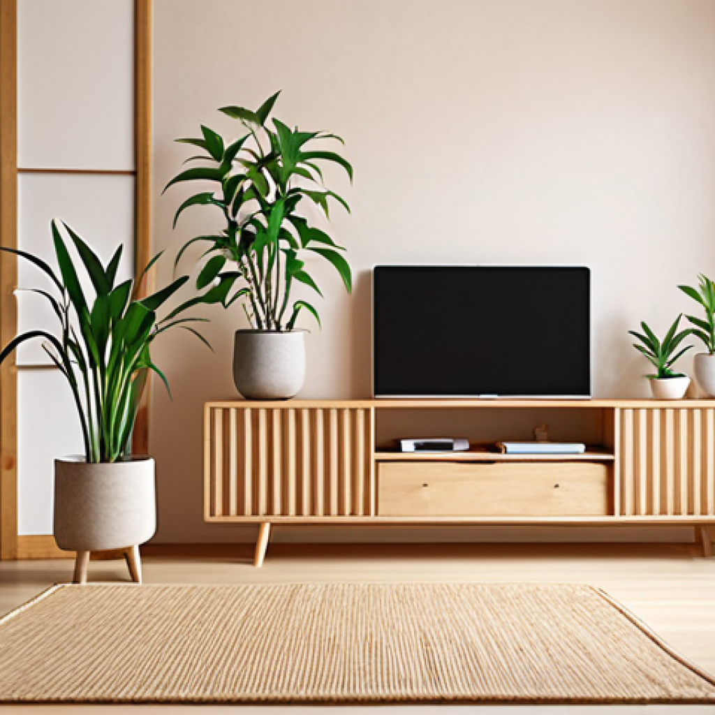 **

A bright, airy living room blending Scandinavian and Japanese design ("Japandi"). Focus on natural wood furniture, light-colored walls, and plants. Incorporate a mix of hidden and display storage, with carefully chosen lighting to create a relaxing atmosphere.  Consider a virtual interior design app displayed on a tablet in the foreground.

**