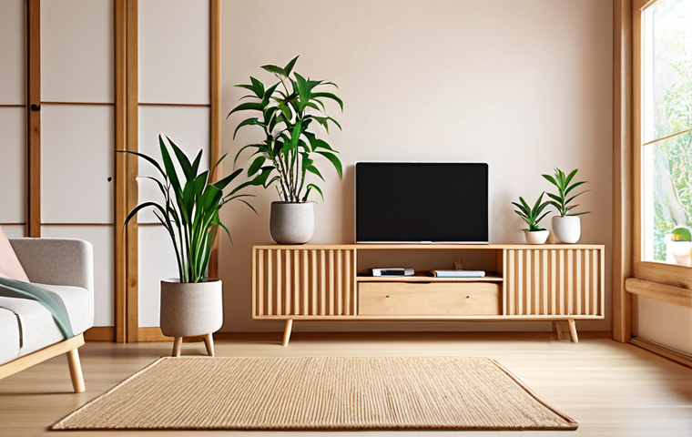 **

A bright, airy living room blending Scandinavian and Japanese design ("Japandi"). Focus on natural wood furniture, light-colored walls, and plants. Incorporate a mix of hidden and display storage, with carefully chosen lighting to create a relaxing atmosphere.  Consider a virtual interior design app displayed on a tablet in the foreground.

**