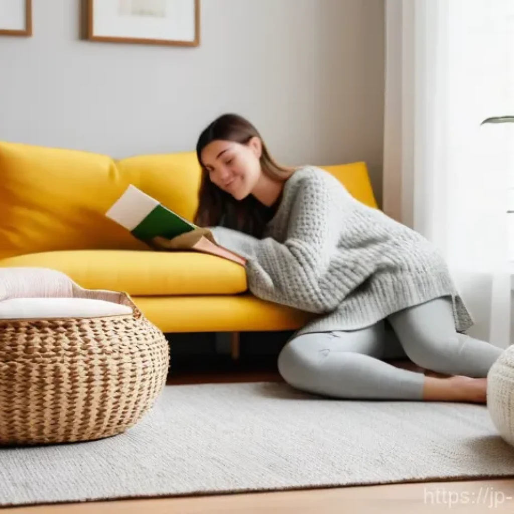 인테리어 이론과 실무의 차이 - A cozy and inviting living room, bathed in soft, diffused natural light filtering through sheer curt...