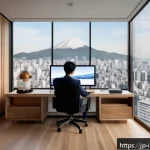실내 공간 설계에서의 디지털 도구 활용 - A modern Japanese interior design studio scene showing a professional designer using advanced digita...