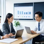 인테리어 디자이너와 협력 업체와의 관계 구축 - A modern Japanese office scene showing a diverse team of professionals in business casual attire eng...