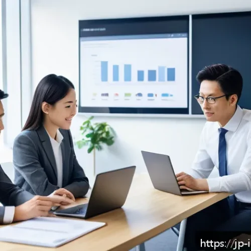 인테리어 디자이너와 협력 업체와의 관계 구축 - A modern Japanese office scene showing a diverse team of professionals in business casual attire eng...