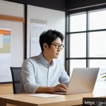 인테리어 디자이너의 클라이언트 관리 노하우 - A modern Japanese interior design office scene featuring a professional designer in smart casual att...